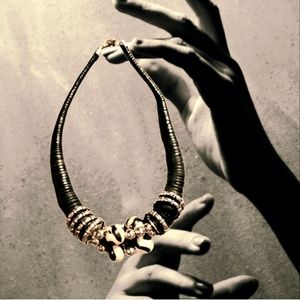 23" Large Black & White Wooden Disk Choker Necklace with .75" Marble Beads